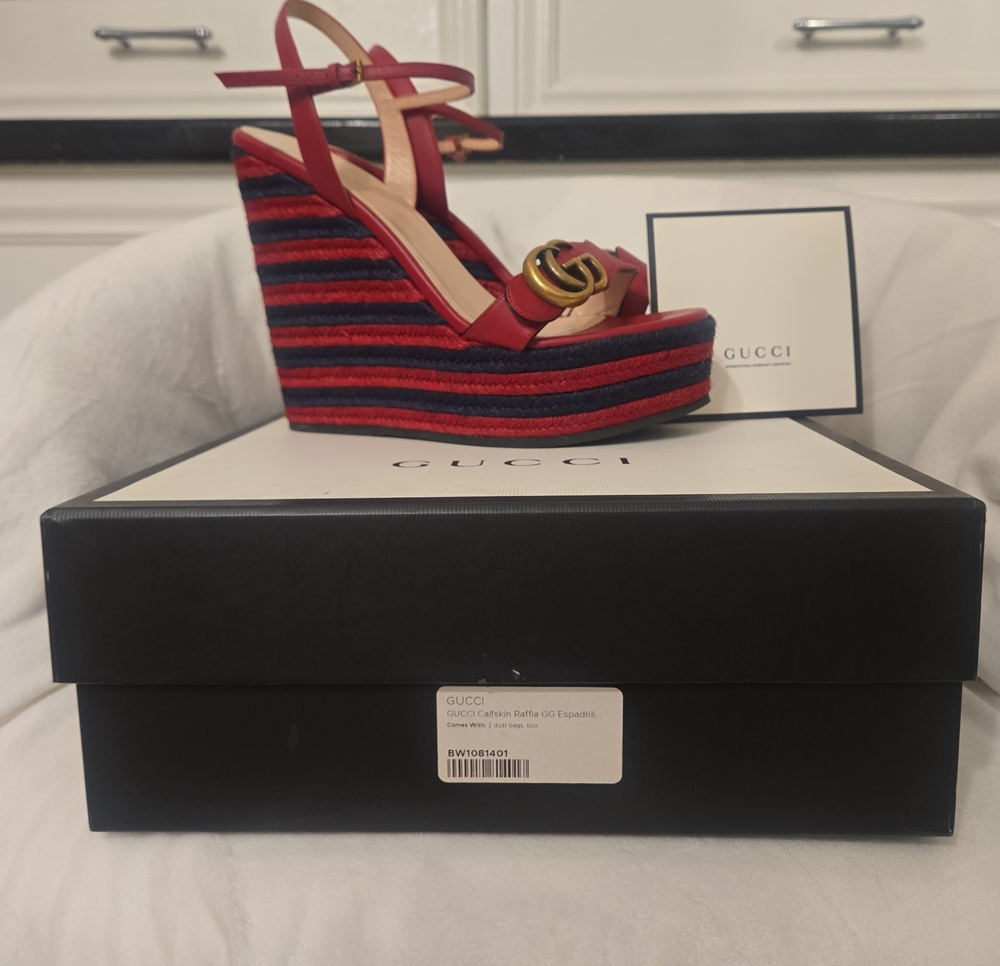 Gucci Red Leather Wedge Sandals with Striped Platform and Gold GG
